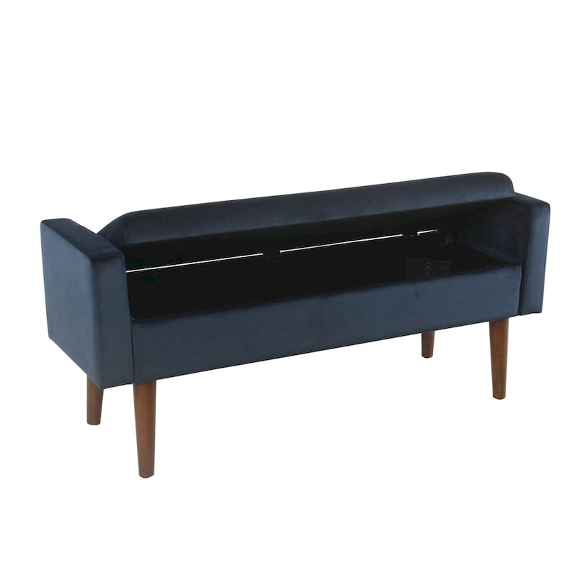 Panca contenitore in velluto Mid-Century con coperchio a cerniera e gambe in noce, 122 cm L x 53 cm H, blu scuro