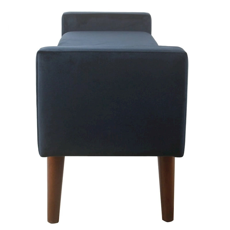 Panca contenitore in velluto Mid-Century con coperchio a cerniera e gambe in noce, 122 cm L x 53 cm H, blu scuro