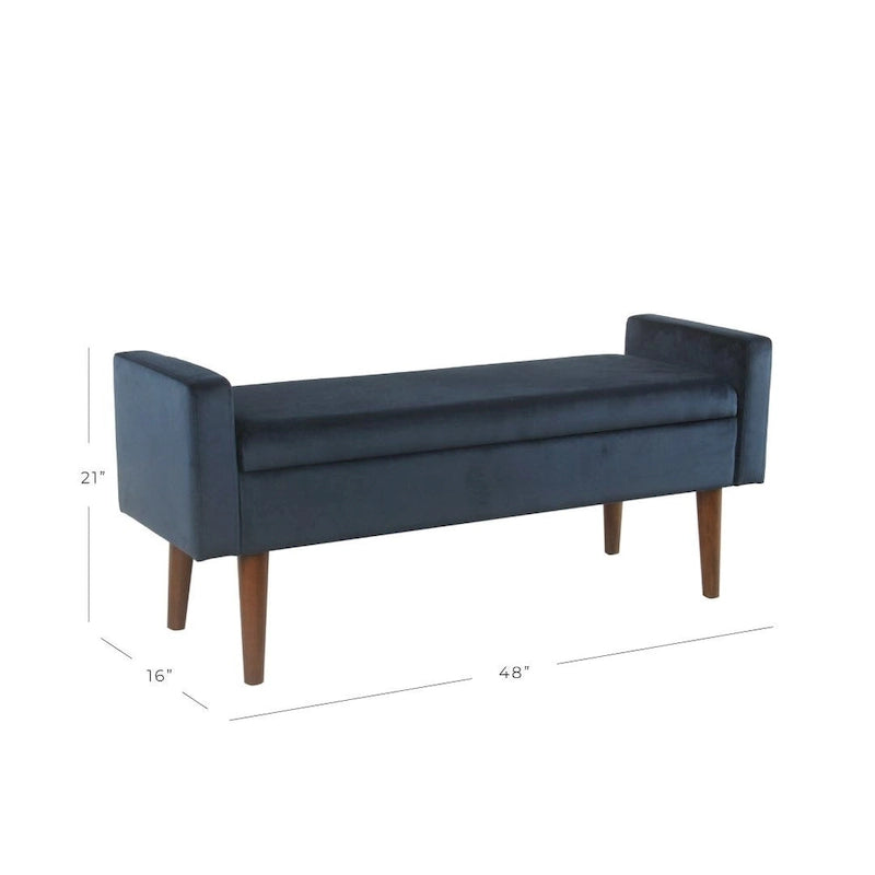 Panca contenitore in velluto Mid-Century con coperchio a cerniera e gambe in noce, 122 cm L x 53 cm H, blu scuro