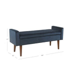 Panca contenitore in velluto Mid-Century con coperchio a cerniera e gambe in noce, 122 cm L x 53 cm H, blu scuro