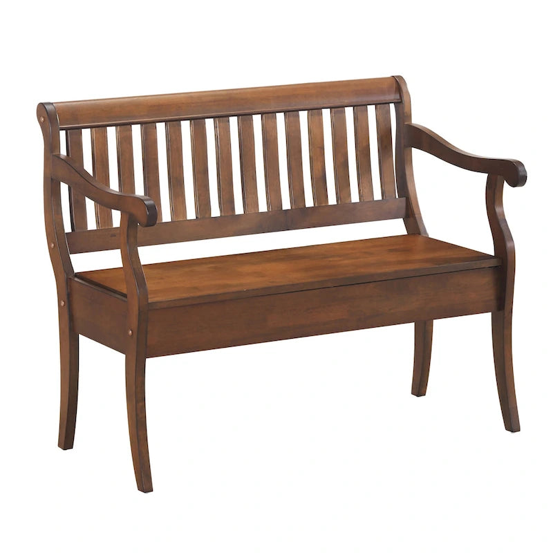 Panca contenitore con schienale a doghe e braccioli a voluta, finitura anticata, 42,38" L x 35,25" H, capacità 350 lb