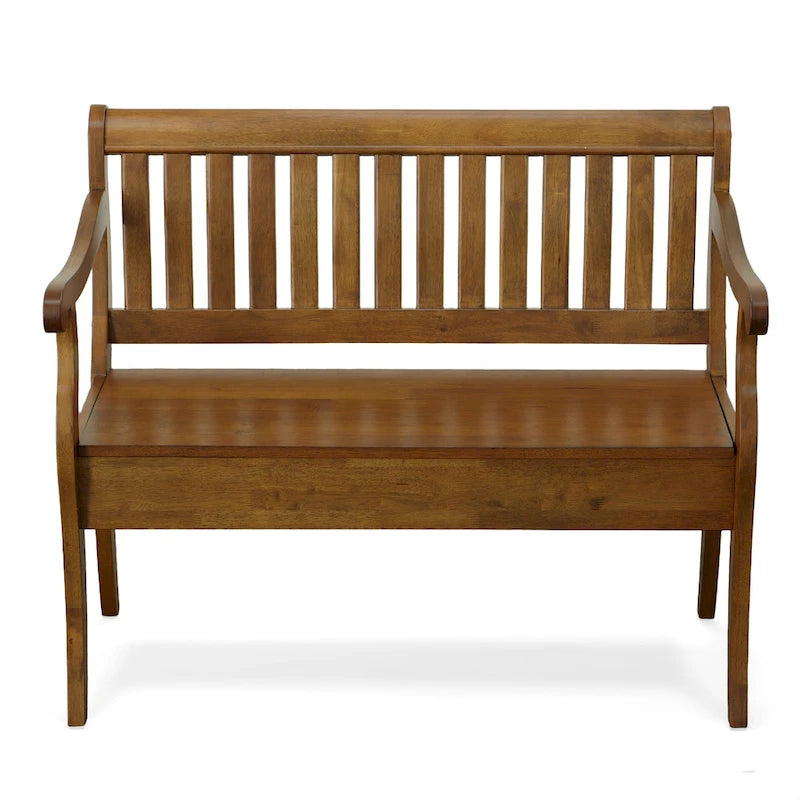 Panca contenitore con schienale a doghe e braccioli a voluta, finitura anticata, 42,38" L x 35,25" H, capacità 350 lb