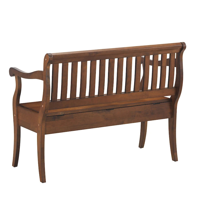 Panca contenitore con schienale a doghe e braccioli a voluta, finitura anticata, 42,38" L x 35,25" H, capacità 350 lb
