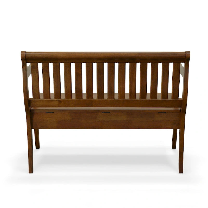 Panca contenitore con schienale a doghe e braccioli a voluta, finitura anticata, 42,38" L x 35,25" H, capacità 350 lb