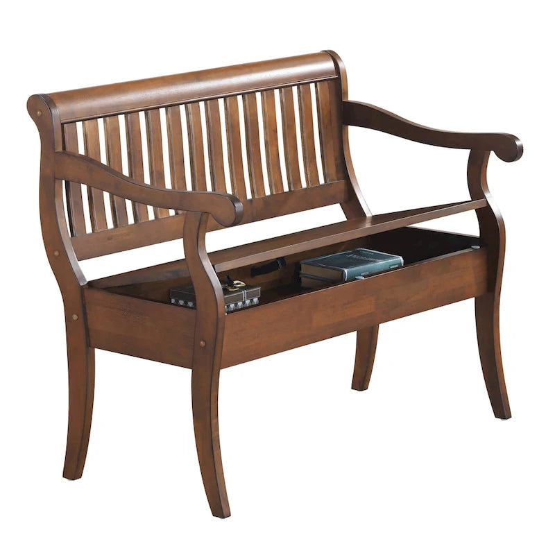 Panca contenitore con schienale a doghe e braccioli a voluta, finitura anticata, 42,38" L x 35,25" H, capacità 350 lb