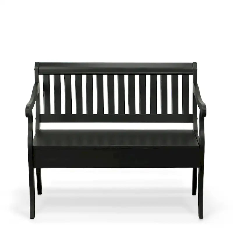 Panca contenitore con schienale a doghe e braccioli a voluta, finitura anticata, 42,38" L x 35,25" H, capacità 350 lb