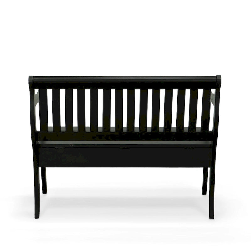 Panca contenitore con schienale a doghe e braccioli a voluta, finitura anticata, 42,38" L x 35,25" H, capacità 350 lb