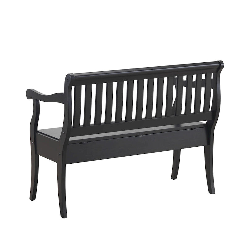 Panca contenitore con schienale a doghe e braccioli a voluta, finitura anticata, 42,38" L x 35,25" H, capacità 350 lb