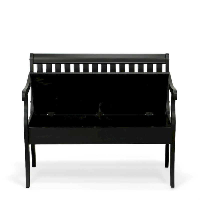 Panca contenitore con schienale a doghe e braccioli a voluta, finitura anticata, 42,38" L x 35,25" H, capacità 350 lb