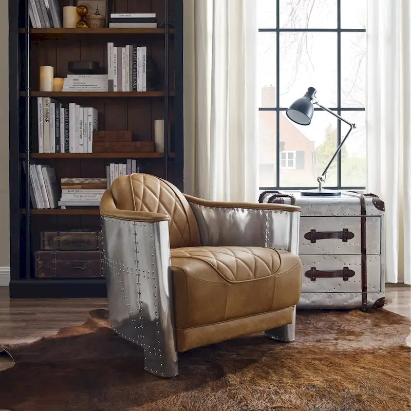 Poltrona Accent Industriale in Pelle Pieno Fiore con Telaio in Alluminio e Occhielli in Acciaio, Capacità 136 kg