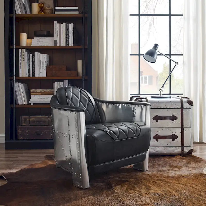 Poltrona Accent Industriale in Pelle Pieno Fiore con Telaio in Alluminio e Occhielli in Acciaio, Capacità 136 kg