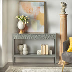 Tavolo per Divano con 2 Cassetti Geometrici e Ripiano Aperto, MDF e Gambe in Pino, 110 cm (L) x 35,3 cm (P) x 80 cm (A)