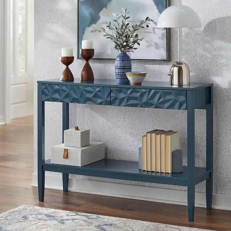 Tavolo per Divano con 2 Cassetti Geometrici e Ripiano Aperto, MDF e Gambe in Pino, 110 cm (L) x 35,3 cm (P) x 80 cm (A)