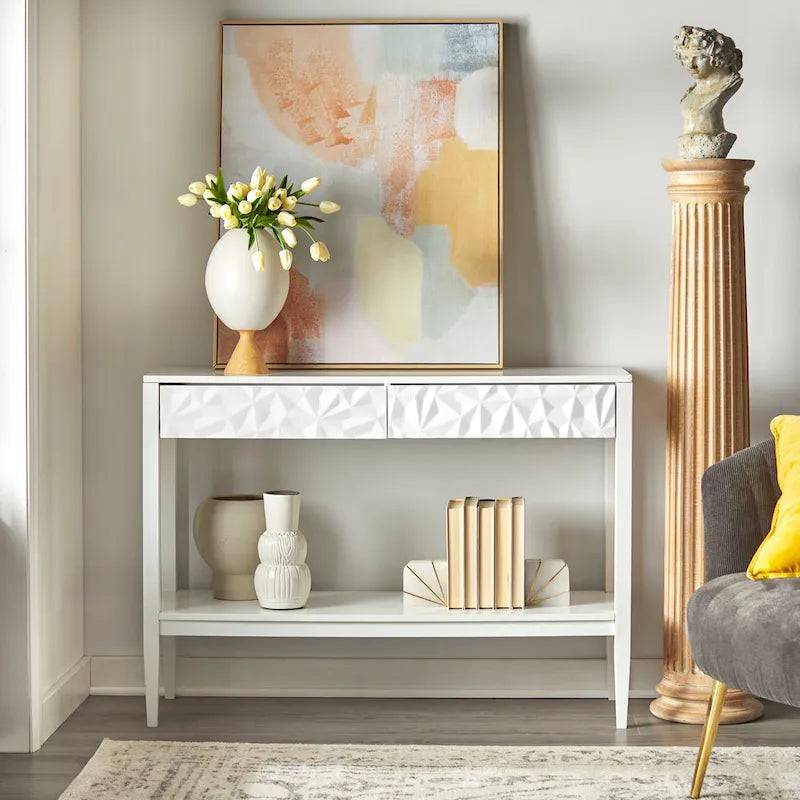 Tavolo per Divano con 2 Cassetti Geometrici e Ripiano Aperto, MDF e Gambe in Pino, 110 cm (L) x 35,3 cm (P) x 80 cm (A)
