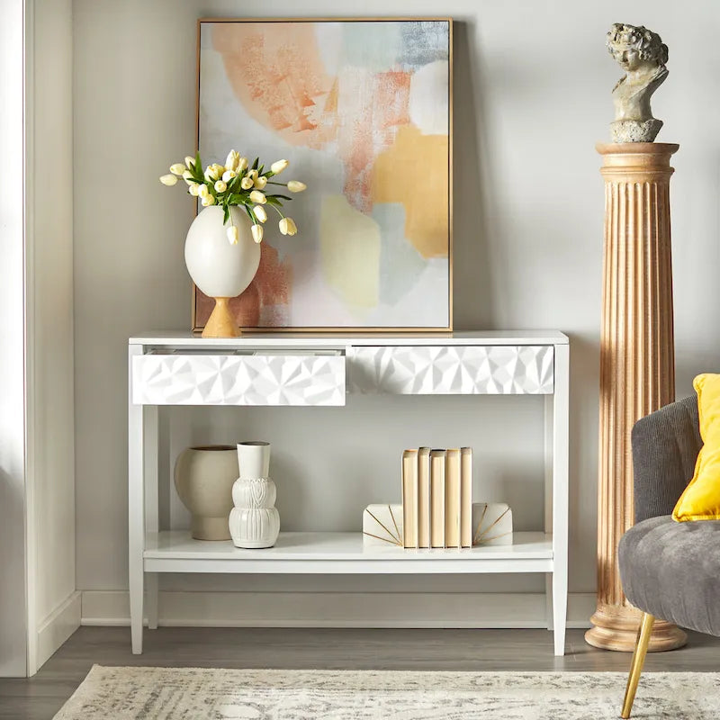 Tavolo per Divano con 2 Cassetti Geometrici e Ripiano Aperto, MDF e Gambe in Pino, 110 cm (L) x 35,3 cm (P) x 80 cm (A)