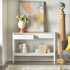 Tavolo per Divano con 2 Cassetti Geometrici e Ripiano Aperto, MDF e Gambe in Pino, 110 cm (L) x 35,3 cm (P) x 80 cm (A)