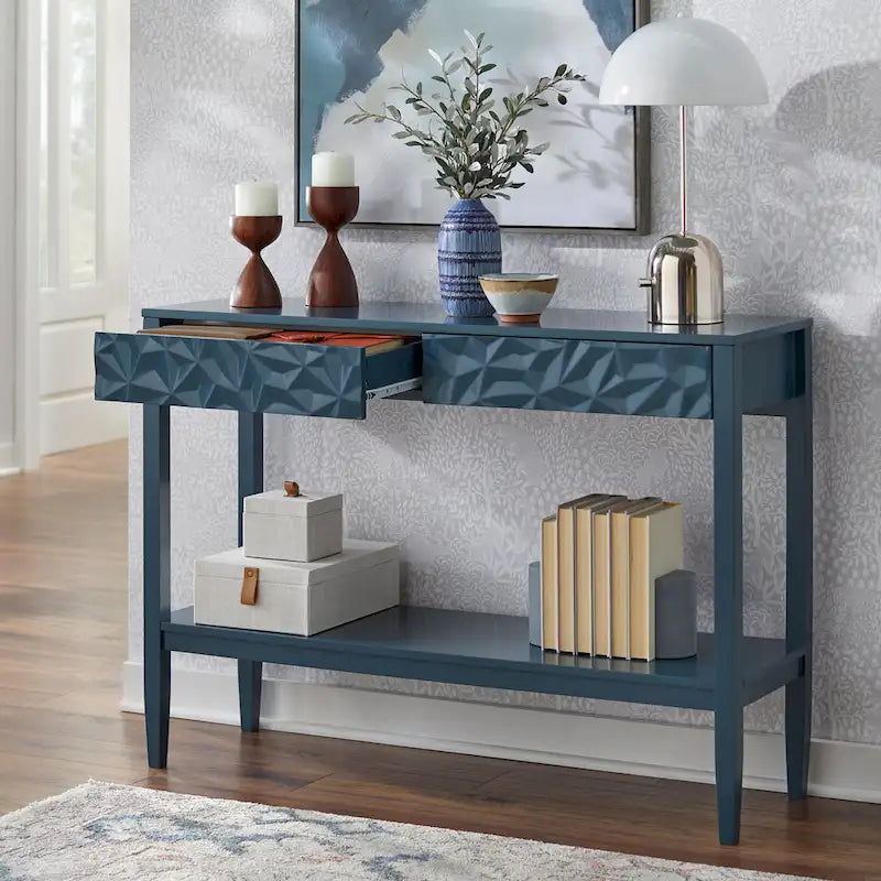 Tavolo per Divano con 2 Cassetti Geometrici e Ripiano Aperto, MDF e Gambe in Pino, 110 cm (L) x 35,3 cm (P) x 80 cm (A)