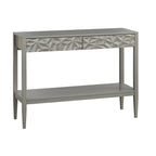 Tavolo per Divano con 2 Cassetti Geometrici e Ripiano Aperto, MDF e Gambe in Pino, 110 cm (L) x 35,3 cm (P) x 80 cm (A)