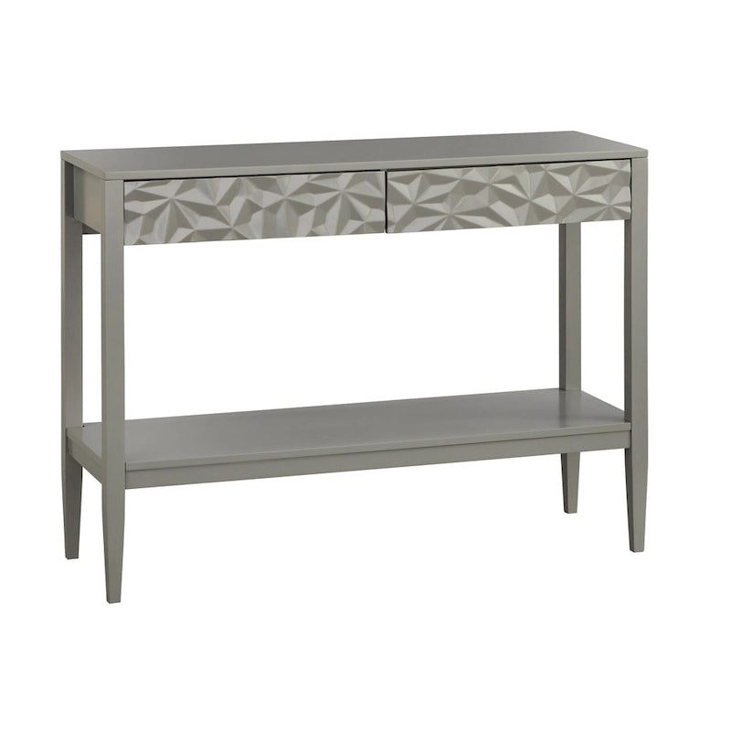 Tavolo per Divano con 2 Cassetti Geometrici e Ripiano Aperto, MDF e Gambe in Pino, 110 cm (L) x 35,3 cm (P) x 80 cm (A)