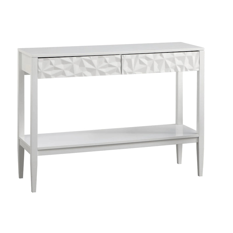 Tavolo per Divano con 2 Cassetti Geometrici e Ripiano Aperto, MDF e Gambe in Pino, 110 cm (L) x 35,3 cm (P) x 80 cm (A)