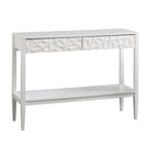 Tavolo per Divano con 2 Cassetti Geometrici e Ripiano Aperto, MDF e Gambe in Pino, 110 cm (L) x 35,3 cm (P) x 80 cm (A)