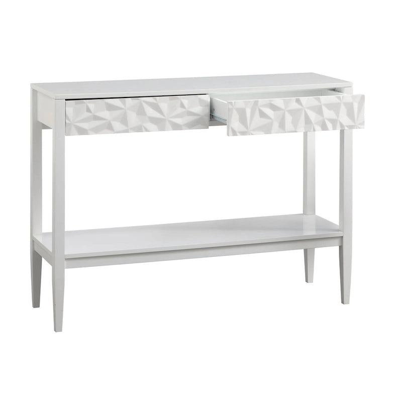 Tavolo per Divano con 2 Cassetti Geometrici e Ripiano Aperto, MDF e Gambe in Pino, 110 cm (L) x 35,3 cm (P) x 80 cm (A)