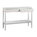 Tavolo per Divano con 2 Cassetti Geometrici e Ripiano Aperto, MDF e Gambe in Pino, 110 cm (L) x 35,3 cm (P) x 80 cm (A)