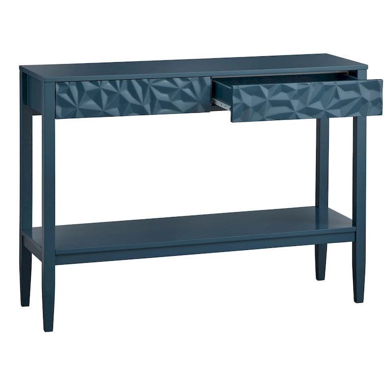 Tavolo per Divano con 2 Cassetti Geometrici e Ripiano Aperto, MDF e Gambe in Pino, 110 cm (L) x 35,3 cm (P) x 80 cm (A)