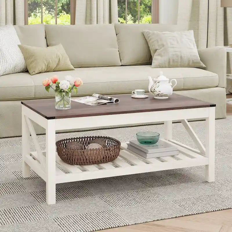 Tavolino da caffè con ripiano a doghe e protezioni angolari in metallo, grigio lavato, 40,16"L x 18"H