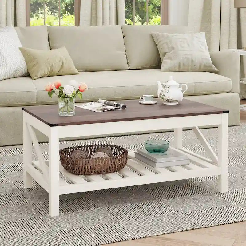 Tavolino da caffè con ripiano a doghe e protezioni angolari in metallo, grigio lavato, 40,16"L x 18"H