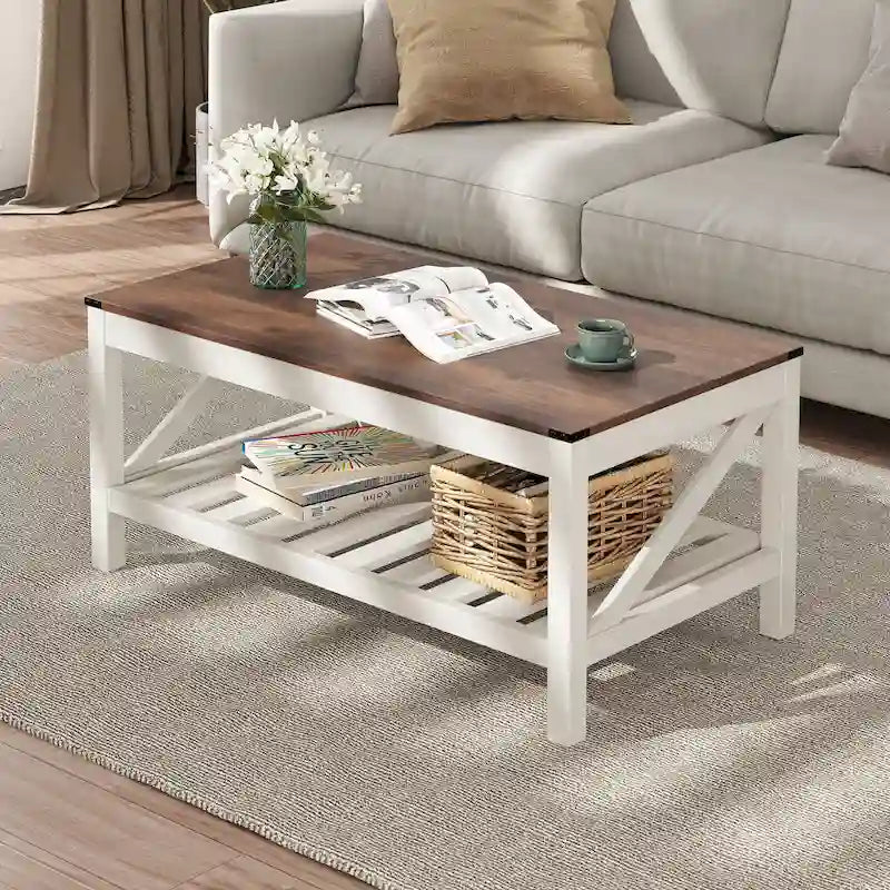 Tavolino da caffè con ripiano a doghe e protezioni angolari in metallo, grigio lavato, 40,16"L x 18"H