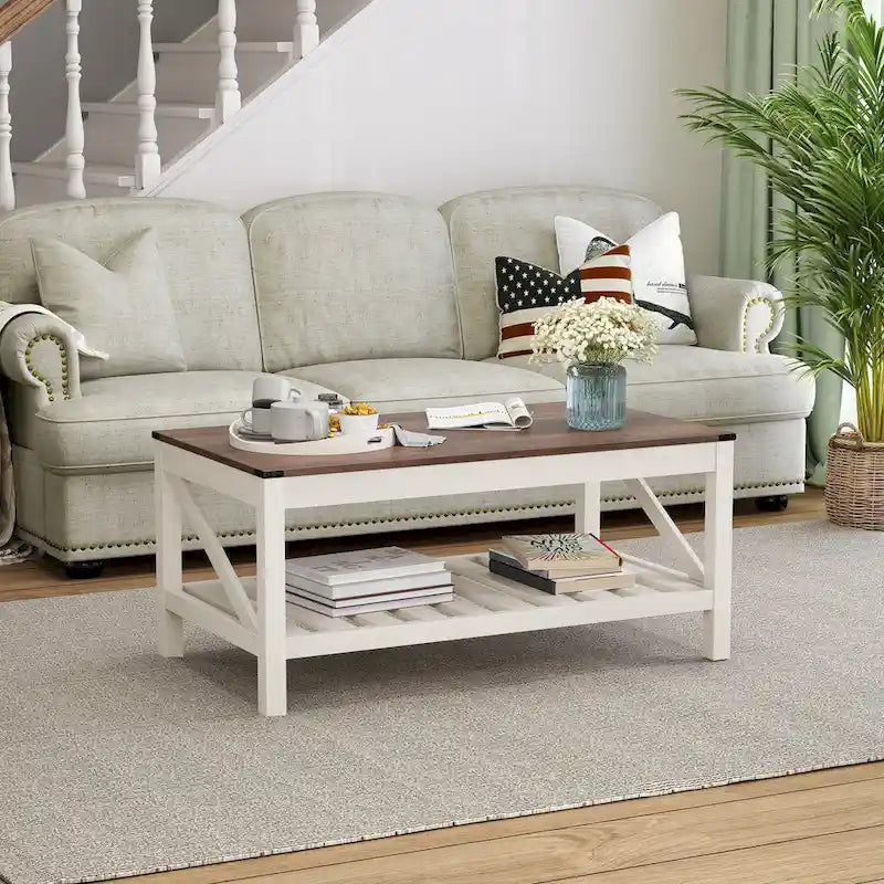 Tavolino da caffè con ripiano a doghe e protezioni angolari in metallo, grigio lavato, 40,16"L x 18"H