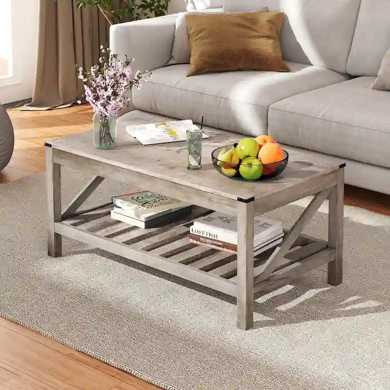 Tavolino da caffè con ripiano a doghe e protezioni angolari in metallo, grigio lavato, 40,16"L x 18"H