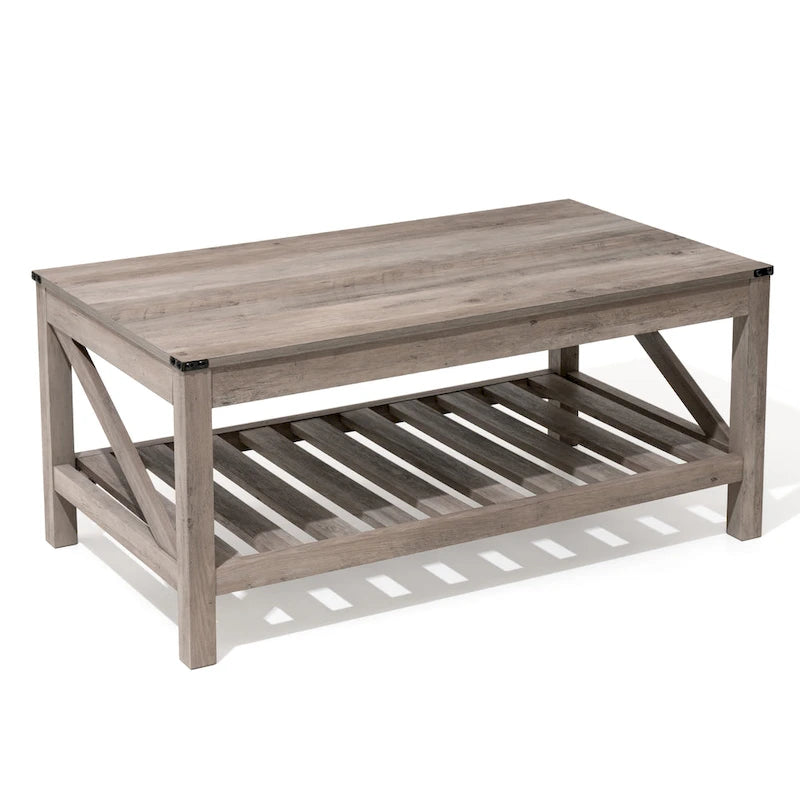 Tavolino da caffè con ripiano a doghe e protezioni angolari in metallo, grigio lavato, 40,16"L x 18"H
