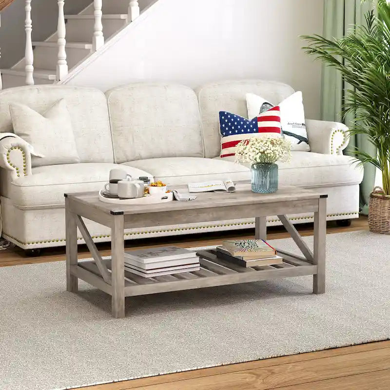 Tavolino da caffè con ripiano a doghe e protezioni angolari in metallo, grigio lavato, 40,16"L x 18"H