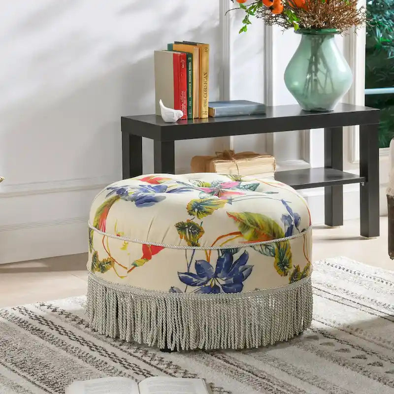 Pouf accentato rotondo imbottito da 24" con frange a nappa, schiuma ad alta densità, capacità di 200 libbre