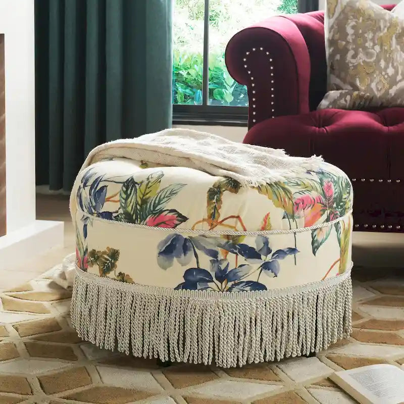 Pouf accentato rotondo imbottito da 24" con frange a nappa, schiuma ad alta densità, capacità di 200 libbre