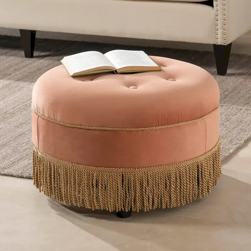 Pouf accentato rotondo imbottito da 24" con frange a nappa, schiuma ad alta densità, capacità di 200 libbre