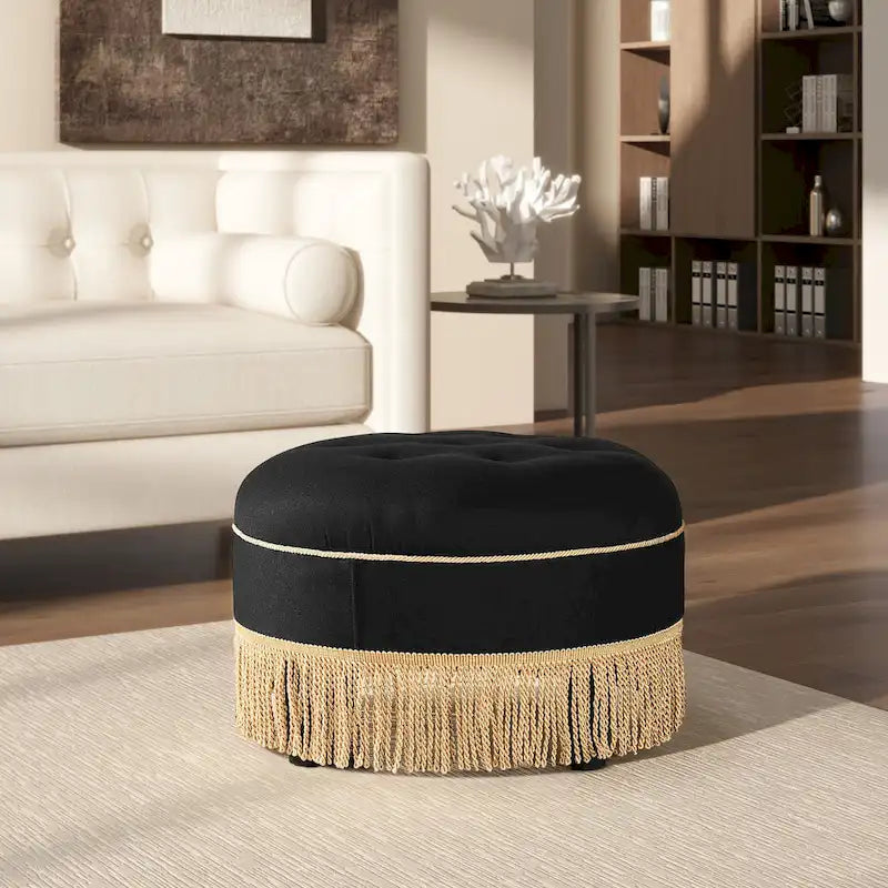Pouf accentato rotondo imbottito da 24" con frange a nappa, schiuma ad alta densità, capacità di 200 libbre