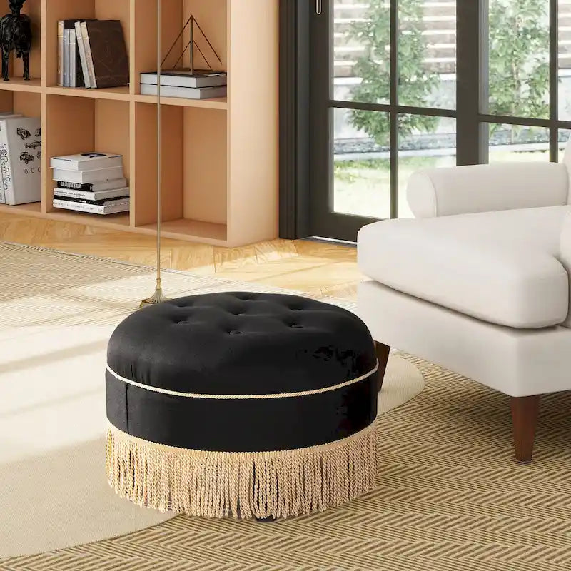 Pouf accentato rotondo imbottito da 24" con frange a nappa, schiuma ad alta densità, capacità di 200 libbre