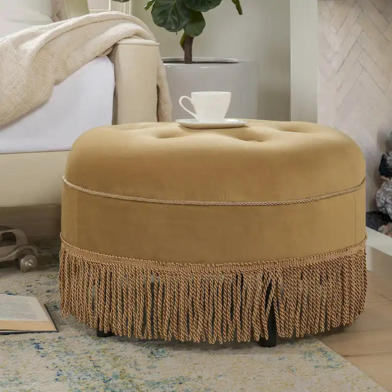 Pouf accentato rotondo imbottito da 24" con frange a nappa, schiuma ad alta densità, capacità di 200 libbre