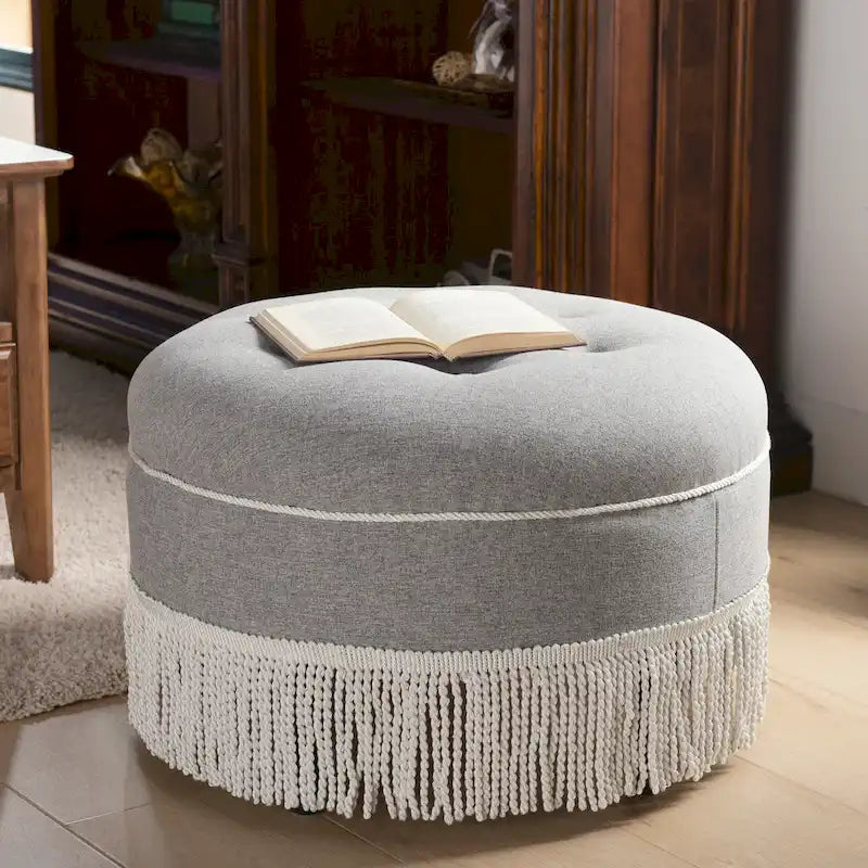 Pouf accentato rotondo imbottito da 24" con frange a nappa, schiuma ad alta densità, capacità di 200 libbre