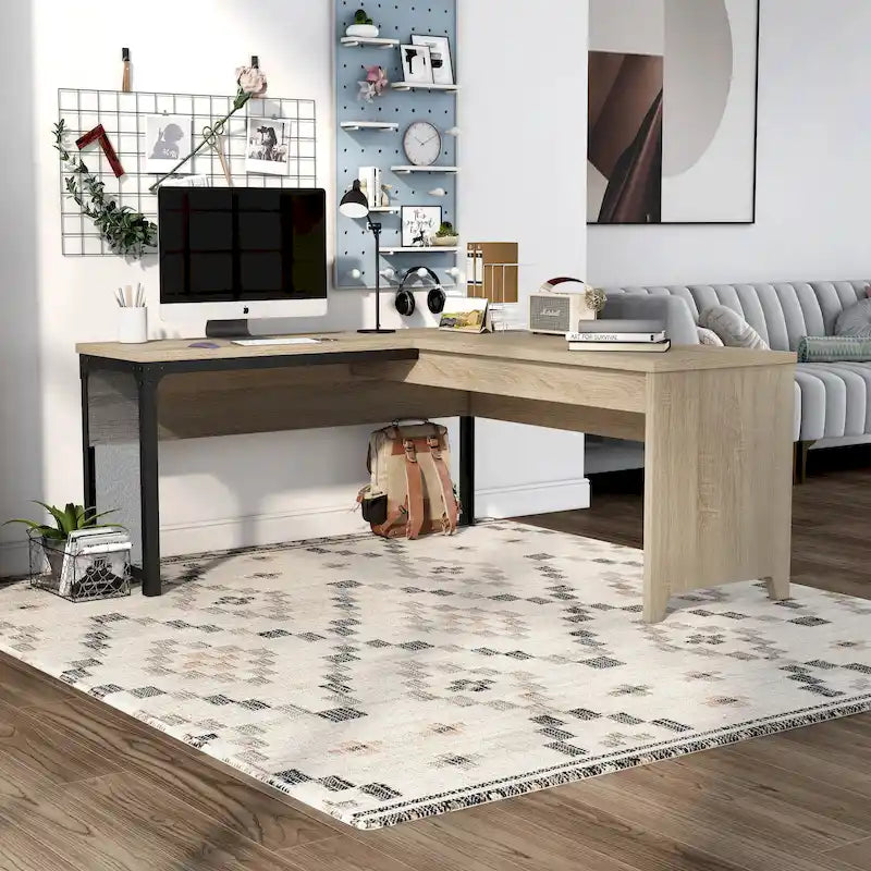 Scrivania angolare con piano in rovere naturale e struttura in ferro, 65" L x 63" P, capacità 45 kg