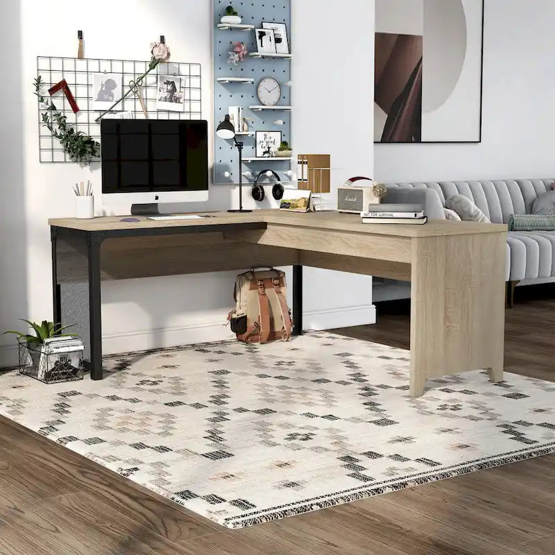 DH BASIC Industrial Natural Oak 65-inch Metal L-Shaped Standing Desk by Denhour