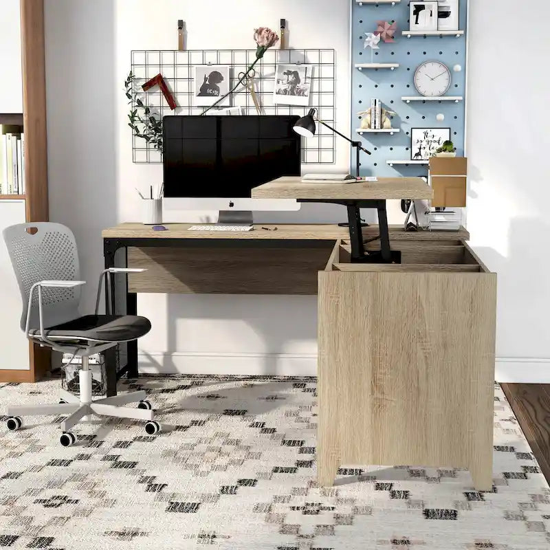 Scrivania angolare con piano in rovere naturale e struttura in ferro, 65" L x 63" P, capacità 45 kg