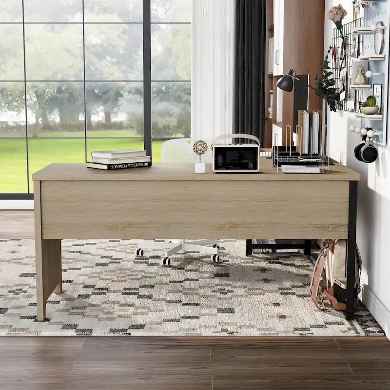 Scrivania angolare con piano in rovere naturale e struttura in ferro, 65" L x 63" P, capacità 45 kg
