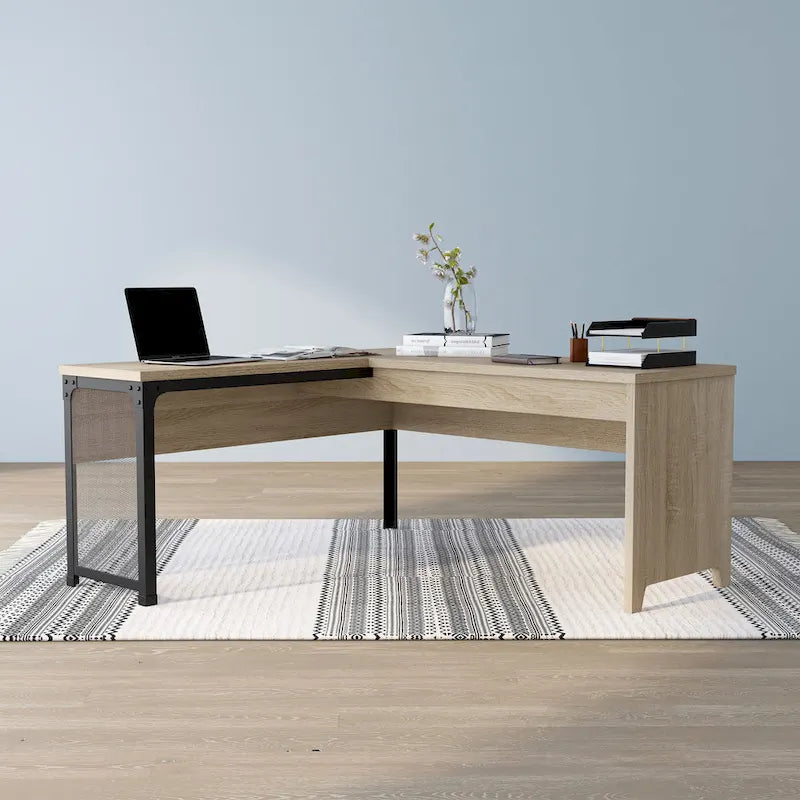 Scrivania angolare con piano in rovere naturale e struttura in ferro, 65" L x 63" P, capacità 45 kg