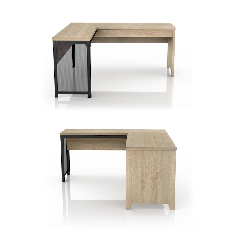 Scrivania angolare con piano in rovere naturale e struttura in ferro, 65" L x 63" P, capacità 45 kg