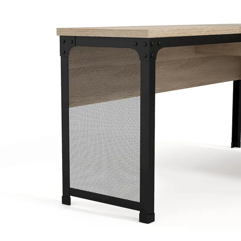 Scrivania angolare con piano in rovere naturale e struttura in ferro, 65" L x 63" P, capacità 45 kg