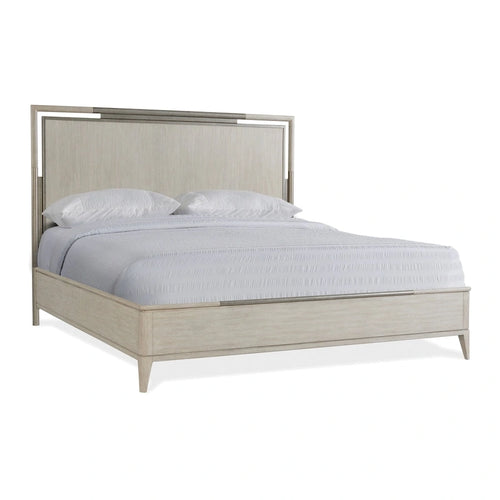Set Camera da Letto 5 Pezzi con Letto a Pannello, Comò, Specchio, Comodino e Cassettiera, Finitura Champagne, King